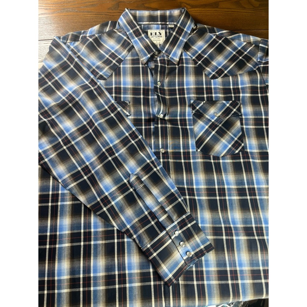 ELY Cattleman Shirt Mens 2XL Blue Plaid Western Pearl Snap Button Long Sleeve